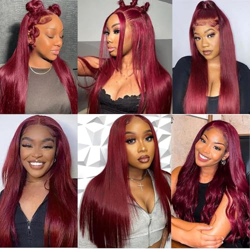 99j Burgundy Lace Front Wigs Human Hair 13x6.5 HD Burgundy Colored Lace Front Wigs Human Hair 250% Density Glueless Straight Wigs Human Hair Pre Plucked with Baby Hair (22 inch, 99j)