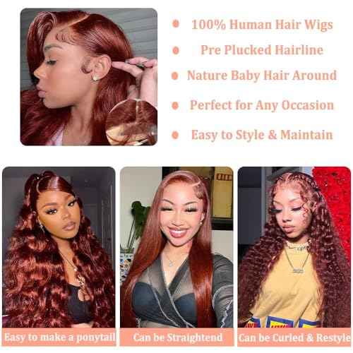 13x6 Reddish Brown Lace Front Wigs Human Hair HD Lace Front Wigs 180 Density Body Wave Frontal Wigs Human Hair with Baby Hair Colored Glueless Wigs 16 Inch