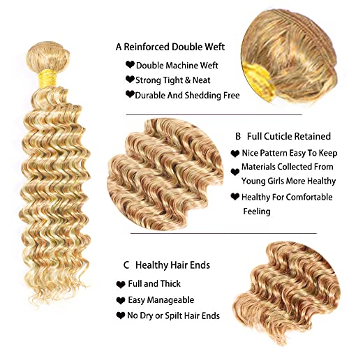 26 28 30 inch Honey Blonde Bundles P27/613 Human Hair Bundles Blonde Deep Wave Bundle Double Weft 613 and 27 Bundle