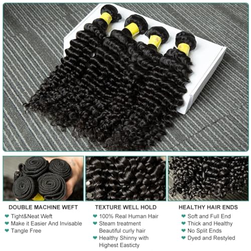 Brazilian Human Hair Bundles Water Wave (14 16 18 Inch)12A 100% Unprocessed Virgin 4 Water Weave Human Hair Bundles Raw Hair Wet and Wavy Hair Extensions Natural Black for Black Women