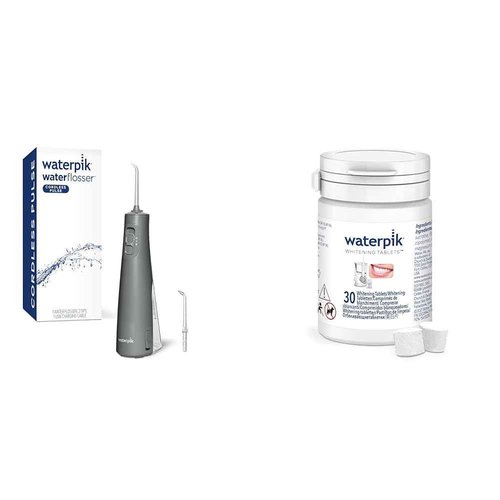 Waterpik Cordless Pulse Rechargeable Portable Water Flosser for Teeth, Gums & Fresh Mint Whitening Refill Tablets (30 Count) – for Use with Waterpik Boost Tip