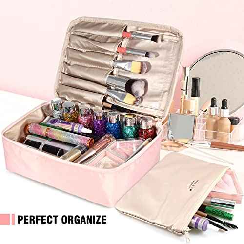 Makeup Bag Travel Cosmetic Bag for Women Portable Cute Toiletry Bag Makeup Brush Bags Organizer Cosmetics Pouch Travel Makeup Bag for Girls (Pink)