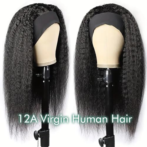 Zealady Human Hair Headband Wig For Black Women Kinky Straight Headband Wig 12A 180 Density Yaki Straight Human Hair Wigs With Headband Attached Half Wig 16 Inch