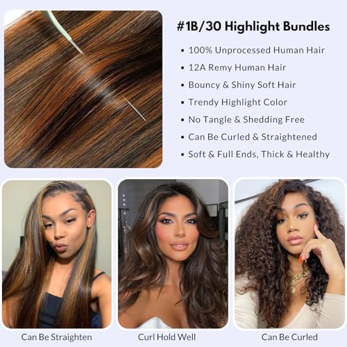 Brown Highlight Body Wave Bundles Human Hair 24 In, 12A Soft and Glossy Blonde Balayage Ombre One Bundles 100% Remy Hair Single Ombre Bundle #1b/30 Piano Color Dark Root