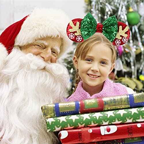 LSHDXD Christmas Glod Reindeer Antlers Mouse Ears Bow Headband Hair Hoop for Women, Glitter Elk Antlers Hair bands Hair Accessories Headdress for Christmas Party Supplies Hot Pink Princess Dress Up