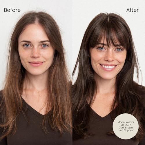 MY-LADY Human Hair Toppers for Women Real Human Hair with Bangs Thin 7 * 13CM Silk Base with Lace Clip in Straight Remy Hairpieces 150% Density 10 Inch Dark Brown