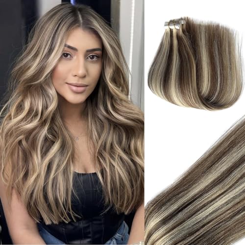 Blonde Hair Extensions Tape in Human Hair Chestnut Brown to Blonde Highlights Remy Hair Extensions Skin Weft Tape in Real Hair Extensions Invisible Straight Tape in Extensions for Women 24"