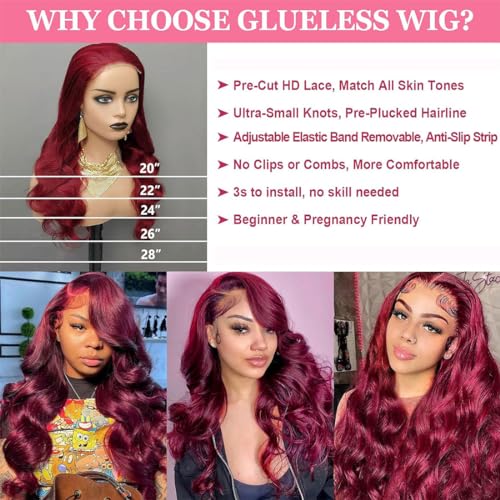Wear and Go Glueless Wigs Pre Cut Pre Plucked for Beginners Wigs Burgundy 5x5 Lace Closure Wigs Human Hair 99J Burgundy 180% Density Glueless Pre Cut 3 Seconds to Wear 20 Inch