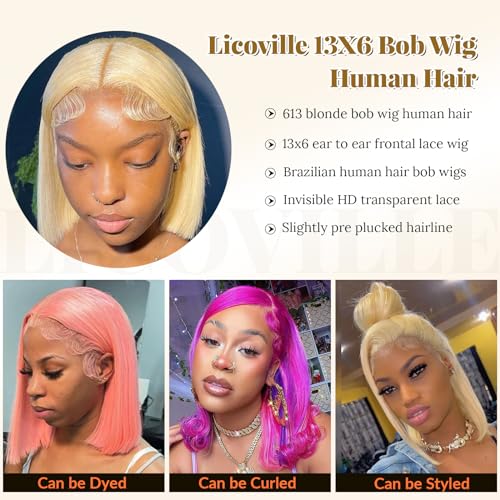 613 Bob Wigs 13x6 Blonde Lace Front Wig Human Hair Bob 180% Density Straight 613 Blonde Wig Human Hair Free Part Pre Plucked 14 Inch HD Transparent Blunt Cut Lace Front Bob Wigs for Black Women
