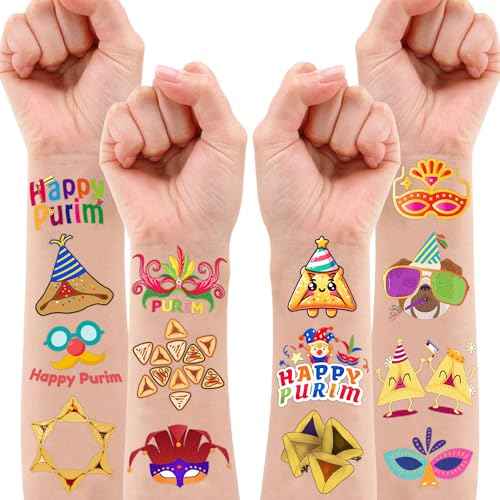 Cute Purim Temporary Tattoos 10 Sheets 100 PCS Happy Purim Party Decorations Favors Supplies Purim Theme Birthday Stickers Halloween Gifts for Boys Girls Kids Class School Prizes Carnival Christmas