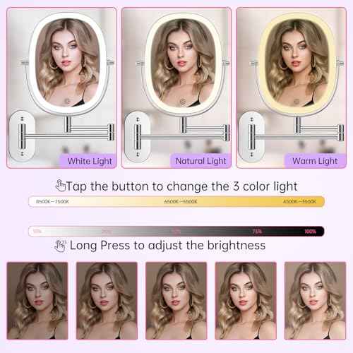 FUNTOUCH Rechargeable Wall Mounted Lighted Makeup Vanity Mirror, Double Sided 1X/7X Magnification, 3 Dimmable Light Settings, Extension Arm, Oval Frame, Ideal for Makeup