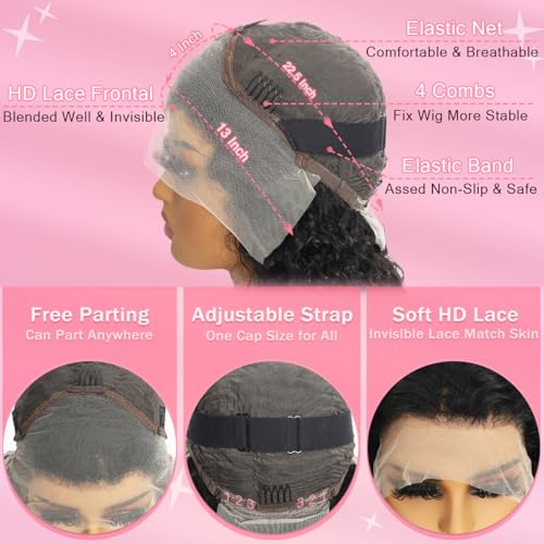 Water Wave HD Lace Front Wigs Human Hair 10A Curly Human Hair 13x4 Transparent Lace Frontal Wigs Pre Plucked Wet And Wavy Wigs Human Hair for Women 180% Density (20Inch, Natural Black)