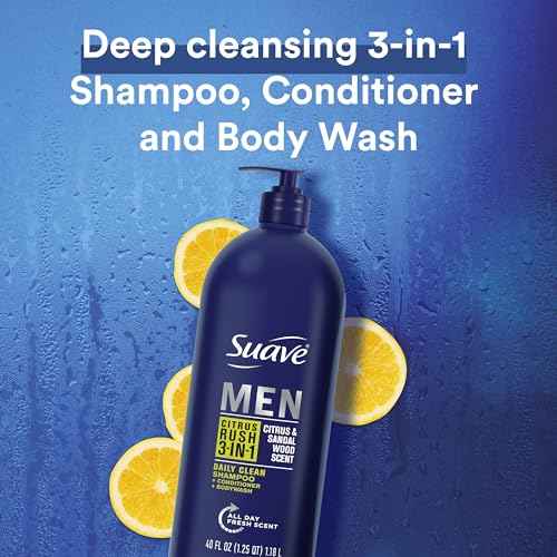 Suave Shampoo Conditioner Bodywash Men 3 in 1 Citrus & Sandal Wood to Cleanse and Nourish Hair and Skin, 40 oz Pack of 3