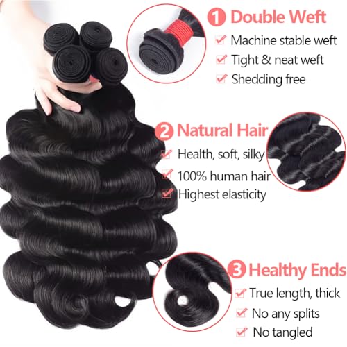 Body Wave Bundles Human Hair 14 16 18 20 Inch 4 Bundles Human Hair 12A Unprocessed Brazilian Virgin 100% Real Human Hair Bundles Double Weft Natural Black Color Hair Extensions