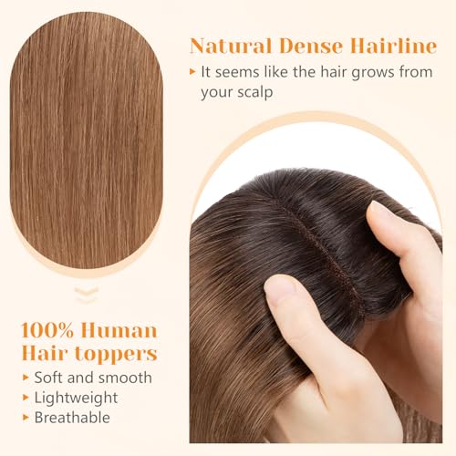 Benehair 100% Remy Human Hair Toppers for Women 12 Inch Hair Pieces for Thinning Hair No Bangs with 4 * 4.7'' Hand Made Lace Base with 3 Clips Real Hair Toppers for Women Ombre Dark Brown