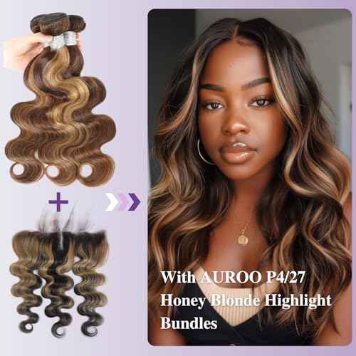 13x4 Honey Blonde Highlight Frontal Closure Only Human Hair Body Wave, 12A Virgin Ombre Skunk Stripe HD Transparent Ear to Ear Lace Frontal Closure Human Hair Pre Plucked (150% Density, 12 Inch)