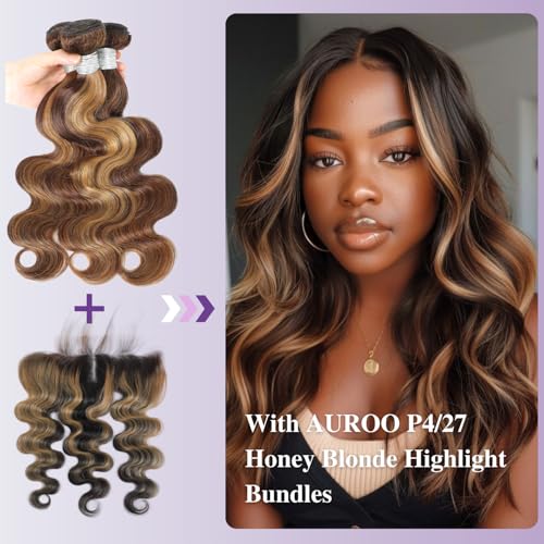 Honey Blonde Highlight Ombre 13x4 Lace Frontal Closure Only Human Hair Body Wave (150% Density, 20 IN), #27 Skunk Stripe Ear to Ear Lace HD Transparent Frontal Human Hair Pre Plucked Free Part