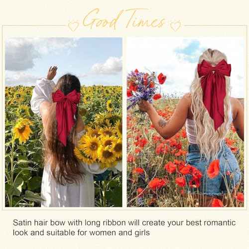 Hair Bows for Women Girls,Red Silky Satin Hair Barrettes with Long Ribbon Tail Big French Cute Hair Bows Clip Hair Accessories for Party Women Girl