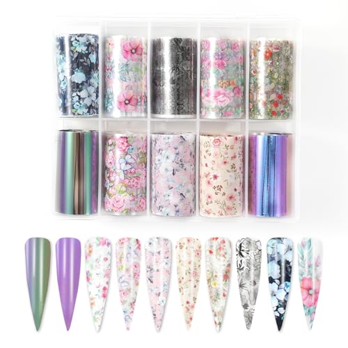DANNEASY 10 Rolls Flower Nail Art Foil Transfer, Floral Spring Aurora Nail Stickers Foil Sheets, Starry Sky Nail Foils, Holographic Manicure Decals for Women Girls Manicure Tips Supplies