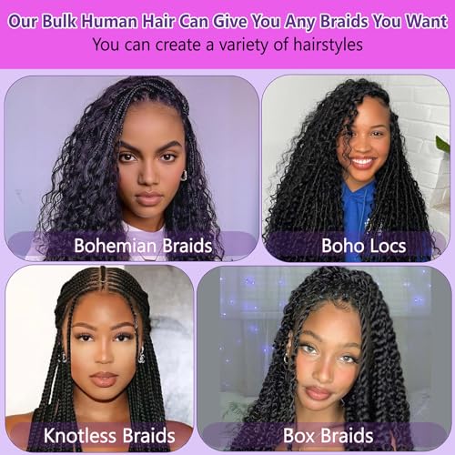 Deep Wave Bulk Human Braiding Hair for Boho Braids Water Wave 100% Human Hair for Boho Braiding Hair Crochet Wavy Curly Hair Extensions Bohemian Micro Braiding 3 Bundles 110g Natural Color 12 Inch