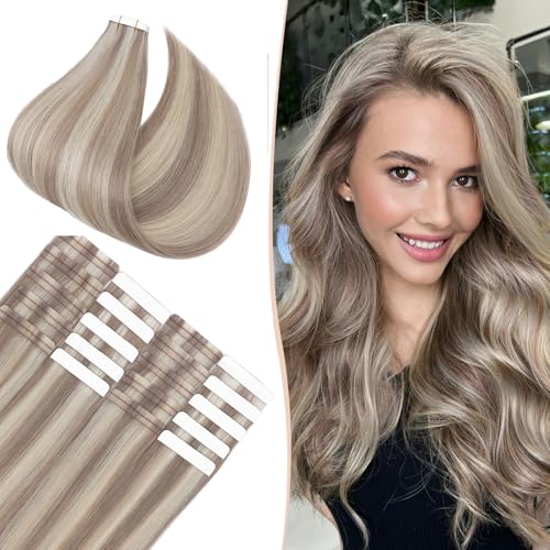 Benehair Tape in Human Hair Extensions, 18 inch Straight Invisible Tape Extensions Remy Blonde Hair Extensions 10pcs 20g Ash Brown Mix Bleach Blonde 18p613