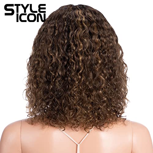 Style Icon Human Hair Wigs Short Curly Wigs Fluffy Afro Wigs T-Part Deep Wave Pre Plucked HD Lace Front Wigs (12", PI4/27)