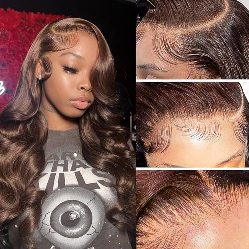 Chocolate Brown 13¡¿6 Body Wave Lace Front Wigs Human Hair 16Inch 180% Density HD Lace Frontal Wigs Human Hair Pre Plucked with Baby Hair Colored Wigs for Women