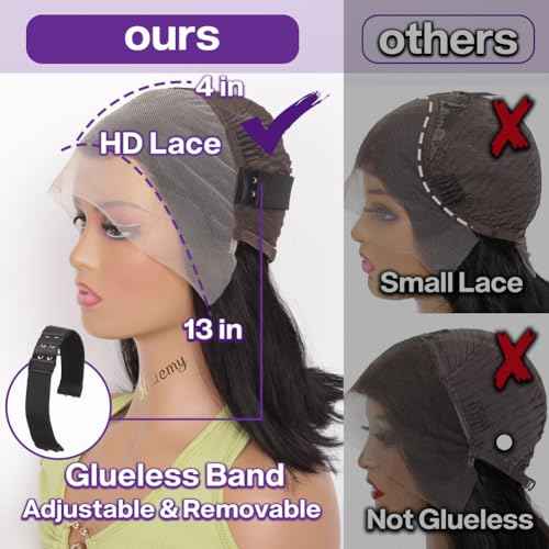Bob Wig Human Hair 13x4 HD Lace Frontal Short Straight Lace Front Bob Wigs for Black Women Human Hair Pre Plucked Glueless Side Part 180% Density Black Color 14 Inch