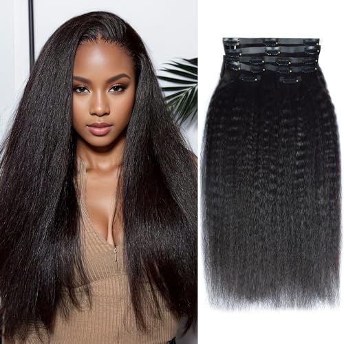 Clip in Hair Extensions Real Human Hair Clip ins Kinky Straight 100% Brazilian Virgin Hair PU Seamless Clip in Hair Extensions Human Hair for Women Natural Black 120 Gram 6 Pcs 20 Inch