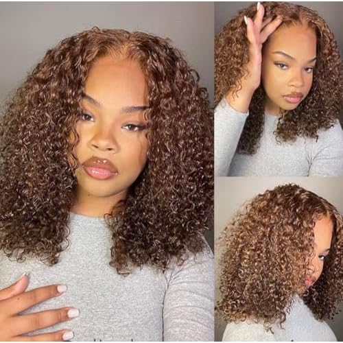 14 Inch 13x4 Chocolate Brown Lace Front Wigs Human Hair HD 4# Colored Kinky Curly Bob Dark Brown Wig Human Hair Pre Plucked for Black Women 180% Density