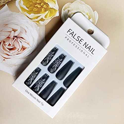 24 Pcs Snowflake Press on Nails Long Black White Christmas Fake Nails Glossy White Snow Glue on Nails Full Cover Coffin Shaped Long Christmas False Nails for Women Manicure Decorations