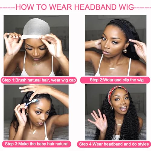 haha Water Wave Headband Wig Human Hair Curly Headband Wigs None Lace Front Wig Wet and Wavy Brazilian Virgin Human Hair Wear and Go Glueless Wig For Women Natural Black 150% Density 24 Inch