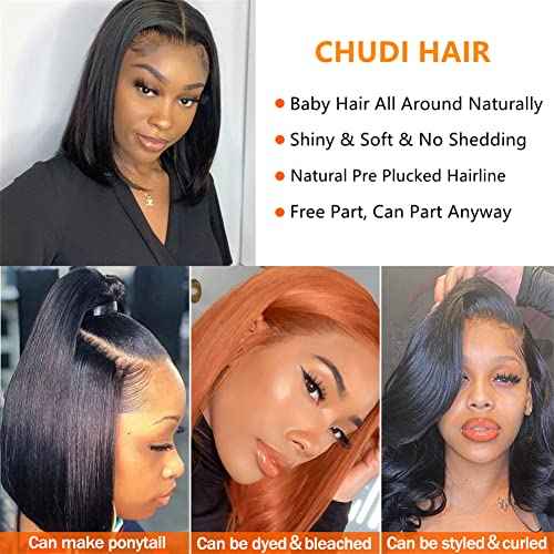 CHUDI 4x4 Bob Lace Front Wigs Straight Human Hair 180% Density Glueless Bob Lace Closure Wigs for Women Middle Part Wigs Unprocessed Brazilian Virgin Human Hair 8 inch