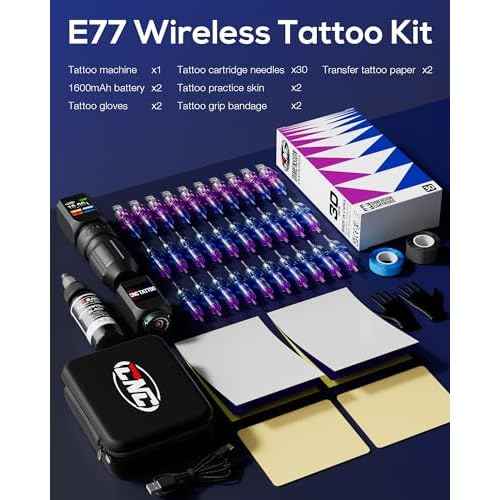 CNC Tattoo Machine Kit Wireless Tattoo Gun,2 Batteries 3200mAh Power Supply Rotary Tattoo Pen with Carrycase,30 Tattoo Cartridge Needles Assorted,Black Tattoo Ink for Professionals,Beginners TK6001-1