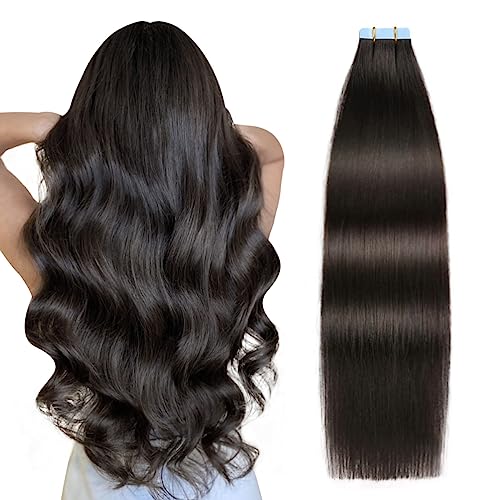 SUYYA Tape in Hair Extensions Human Hair 100% Remy Human Hair Natural Black 50g/pack 20pcs Straight Seamless Skin Weft Tape Hair Extensions(22 inches #1B Off Black)