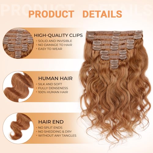 Clip in Hair Extensions Real Human Hair 105 Gram Body Wave Brown Clip in 100% Brazilian Remy Human Hair Extensions 8 Pcs Per Set With 18 Clips 20 Inch