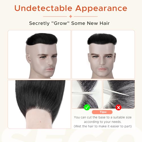 SEGO Men's Hairline Toupee 100% Human Hair Forehead Hairpiece V-Shape 1.57"x7" PU Thin Skin Base Natural Hairline Replacement£¨Hair:6" Long-#1 Jet Black