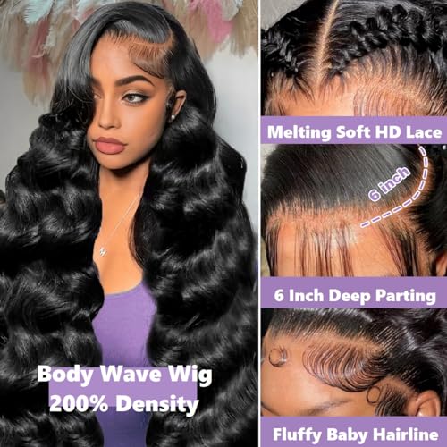 13x6 Lace Front Wigs Human Hair 200 Density Body Wave HD Lace Front Wigs Human Hair Pre Plucked Natural Color Glueless Wigs for Women 20 Inch