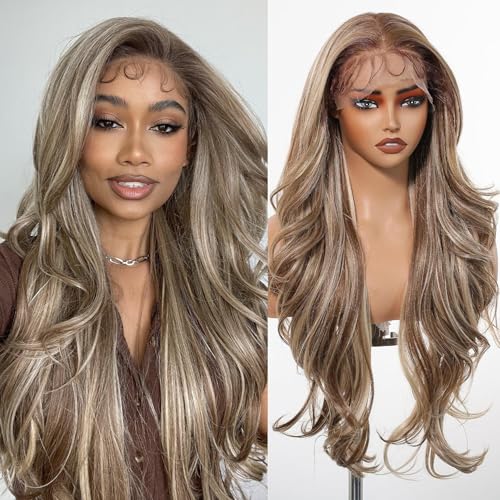 Allbell 13x6 HD Lace Wigs Honey Blonde Synthetic Lace Front Wig Preplucked Hairline with Baby Hair 28inch Long Body Wave Lace Wigs for Women(Brown with Blonde Highlights)