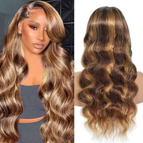 Ombre Lace Front Wig Human Hair 4/27 13x4 HD Body Wave Highlight Lace Front Wig Human Hair Pre Plucked With Baby Hair 24Inch Glueless Lace Front Wigs 180% Density