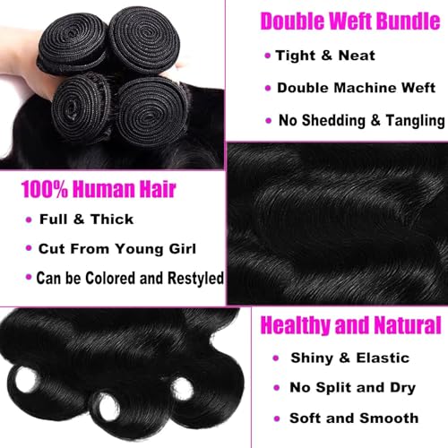 12A Human Hair Bundles Body Wave 4 Bundles Human Hair 100% Unprocessed Brazilian Virgin Human Hair Extensions for Women Natural Color 14 16 18 20Inch