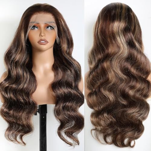 Lemoda Outlet Deal 13x4 Highlight Body Wave Human Hair Lace Front Wigs Ombre 4/27 Lace Frontal Wig 22Inch 180 Density Virgin Human Hair Wigs Natural Hairline