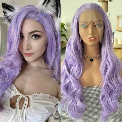 RONGDUOYI Lavender Body Wave Lace Front Wig Synthetic Hair For Women Ready To Wear Glueless Light Purple Wig Heat Resistnt Natural Hairline Long Hair Cosplay 24Inches