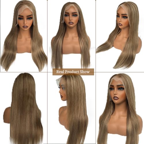 Highlight Lace Front Wigs Human Hair Ombre 13x6 Straight HD Lace Front Wig Light Brown to Brown with Ash Blonde Glueless Lace Frontal Wig for Women 180% Density Pre Plucked with Baby Hair 16 Inch