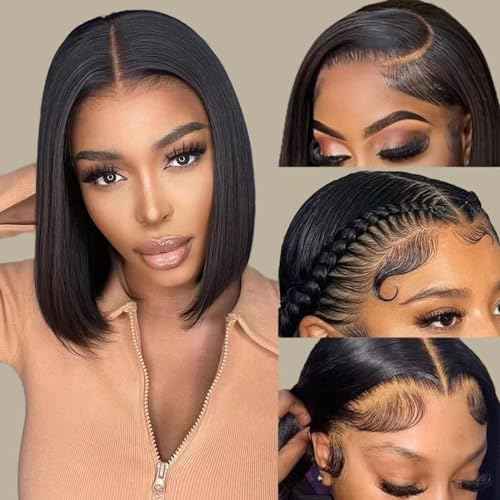 14 Inch Bob Wig Human Hair 13x4 HD Transparent Lace Front Wigs Human Hair Pre Plucked with Baby Hair Glueless Wigs Human Hair 180% Density Straight Frontal Lace Wigs for Women Natural Color