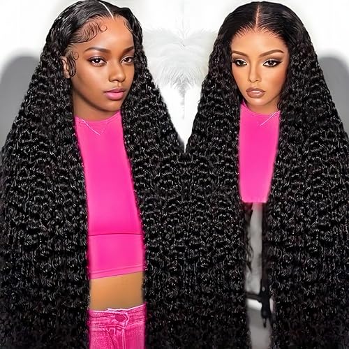 13x4 Deep Wave Lace Front Wigs Human Hair 200 Density HD Full Lace Frontal Wigs Pre Plucked Bleached Knots Curly Human Hair Wig 20 Inch Wigs for Black Women