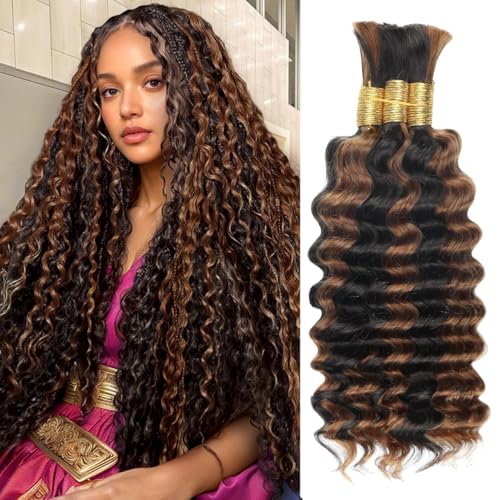 Human Braiding Hair for Boho Braids,150g 18 Inch 3 Bundles Ombre Deep Water Wave Bulk Boho Curly Human Hair Bundle for Braiding,1b/30 Highlight No Weft Wet and Wavy Knotless Braiding Hair Extensions