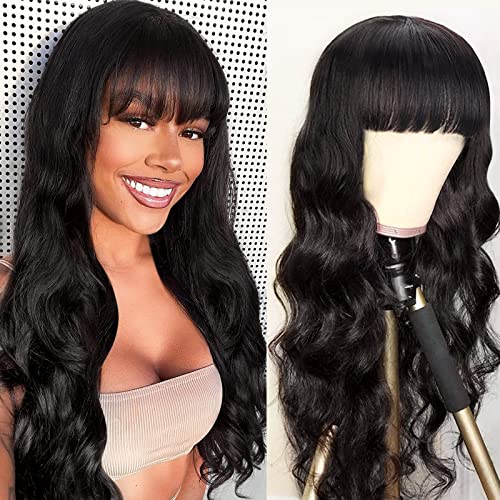 Lativ Body Wave Wigs with Bangs Human Hair Wigs for Black Women None Lace Front Wigs 150% Density Brazilian Virgin Hair Glueless Machine Made Wig Natural Color(20 Inch, Body Wave)