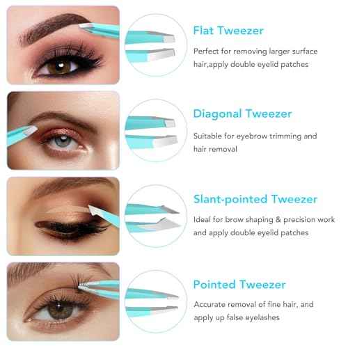 Tweezers Set and Nail Clippers 8Pcs Precision No Gaps Eyebrow Tweezer Kit for Facial Hair Men & Women Travel Tweezers with Leather Case (Violet/Cyan)