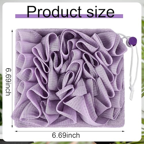 3 Pcs Washcloth Loofah Combo, 2 in 1 Bath Loofah Sponge with Drawstring, Exfoliation Mesh Shower Puff Ball for Body Wash Cleansing and Smooth Skin (Purple Pink Beige)